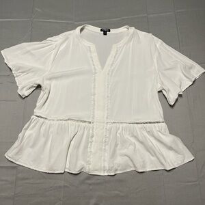 Express White Rayon V-Neck Peplum Blouse with Lace Trim size L